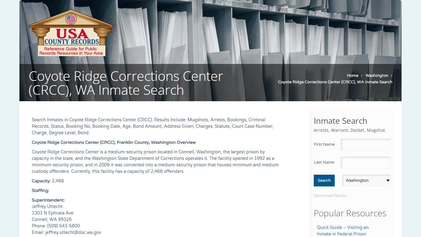 Coyote Ridge Corrections Center (CRCC), WA Inmate Search