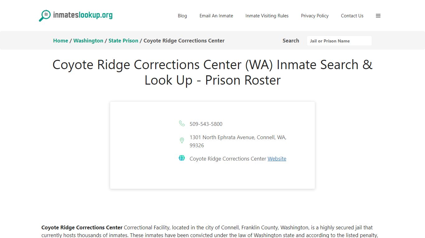 Coyote Ridge Corrections Center (WA) Inmate Search & Look Up - Prison ...